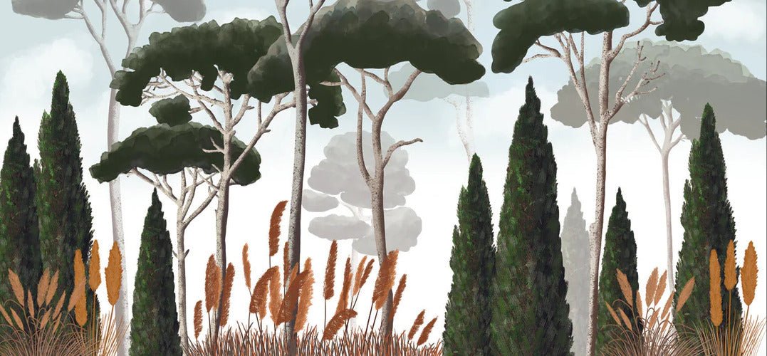 Papel pintado personalizado de ciprés, pino y hierba de la pampa