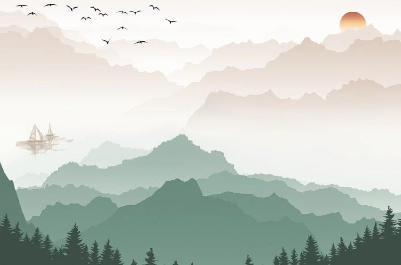 Papier peint montagne dans brume terracotta, XXL, tendance