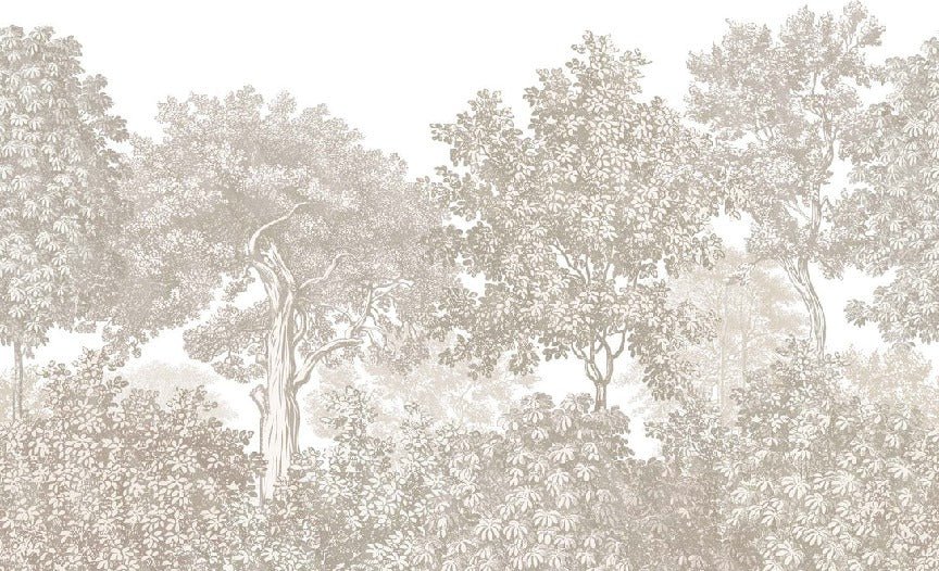 Papel pintado Paisaje bosque grabado beige