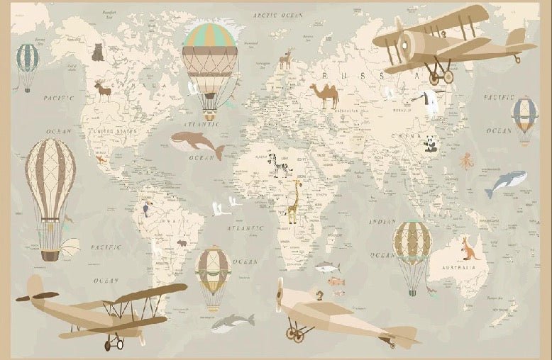 Papel pintado infantil mapa del mundo aviador