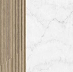 Papel pintado imitación mármol y listones de roble