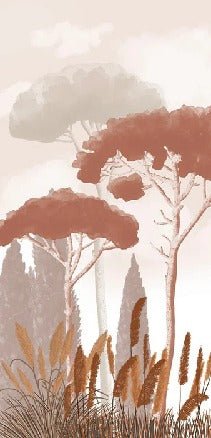 Papel pintado terracota de ciprés, pino y hierba de la pampa