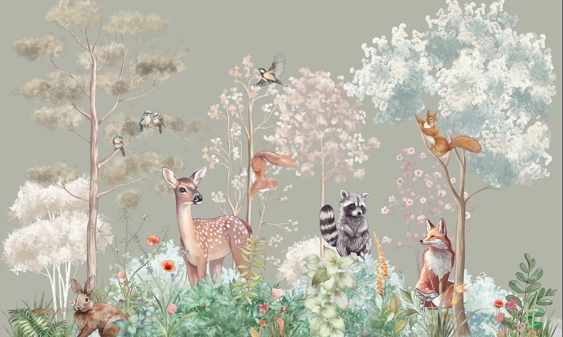Papel pintado Dormitorio infantil naturaleza mágica salvia