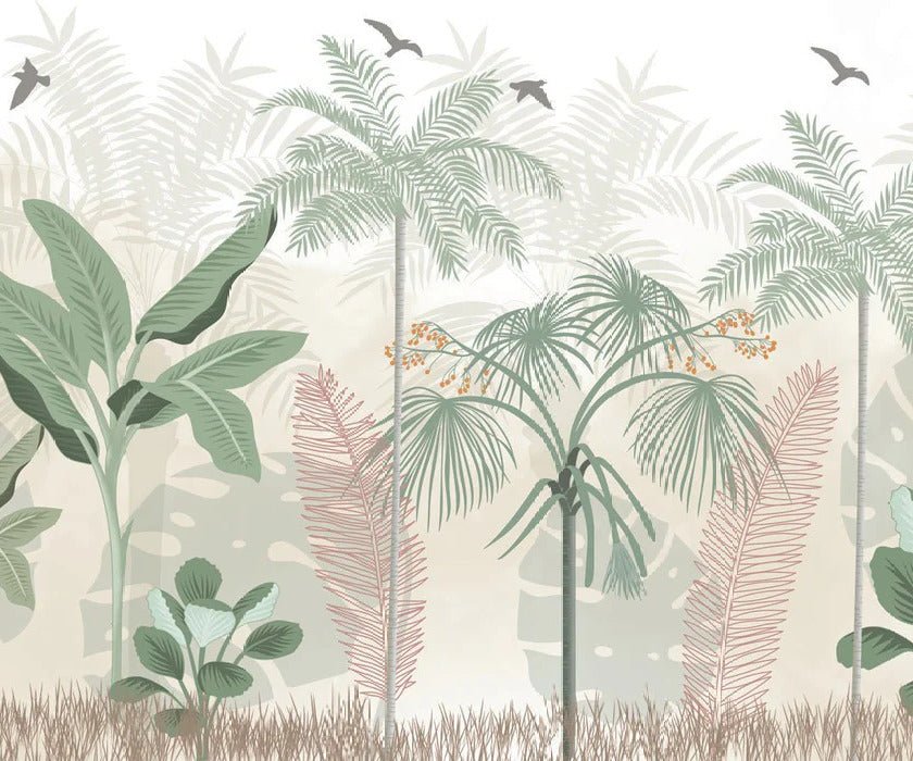 Papel pintado selva panorámica en tonos pastel