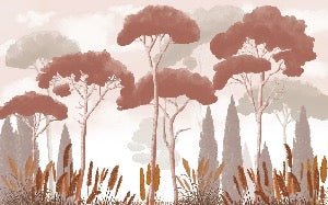 Papel pintado terracota de ciprés, pino y hierba de la pampa