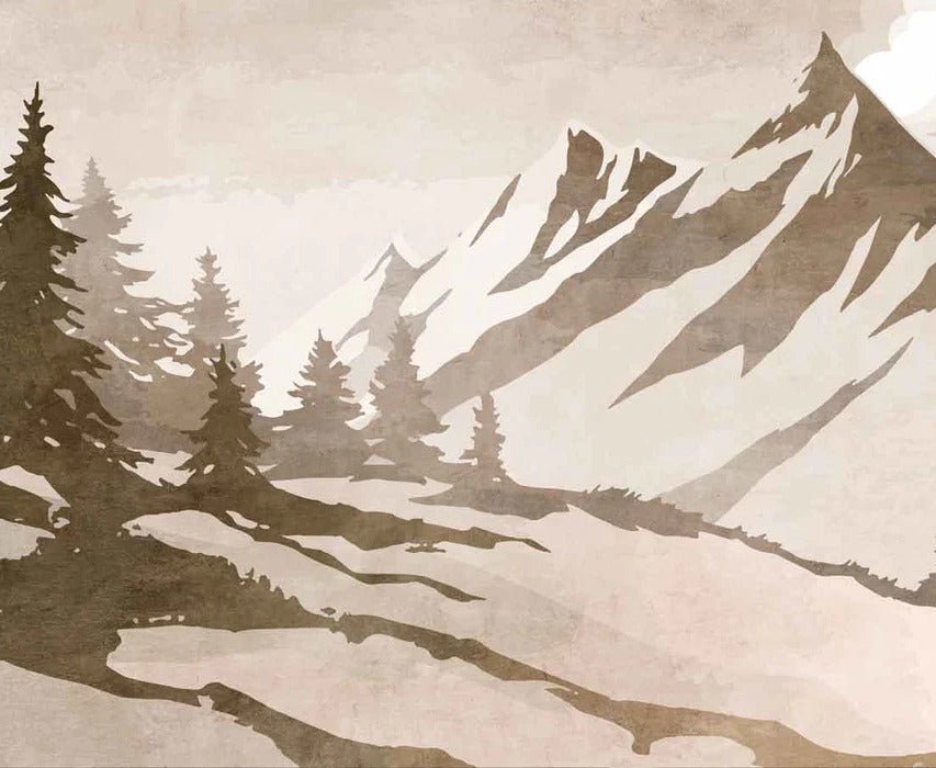 Papel pintado vintage de abetos y montañas en sepia