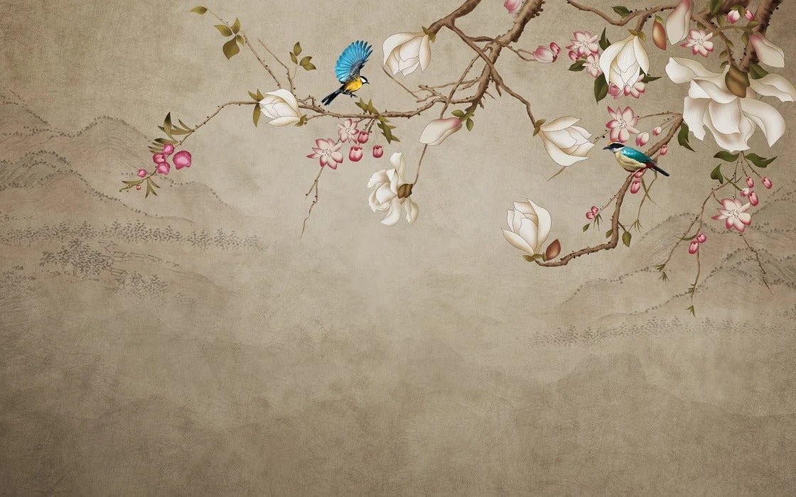 Papel pintado romántico con pájaros