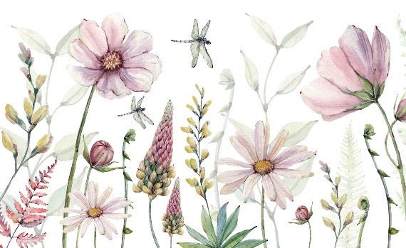 Papel pintado de Flores y libélulas