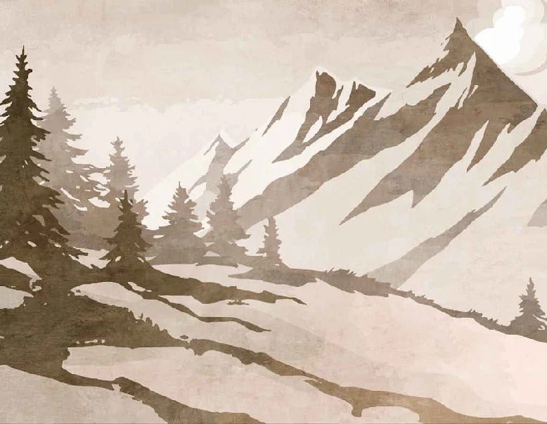 Papel pintado vintage de abetos y montañas en sepia