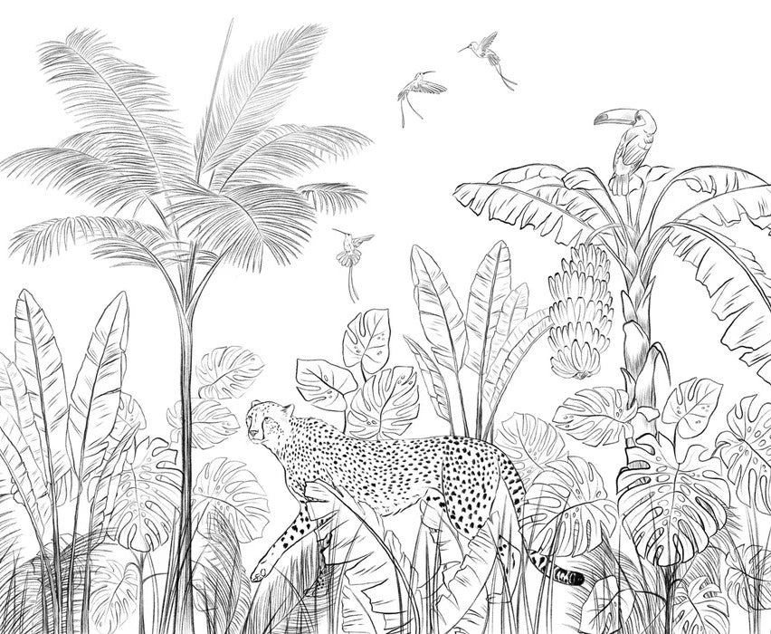 Papel pintado Selva de leopardo en blanco y negro