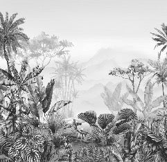 Papel pintado tropical en blanco y negro para cuartos de baño