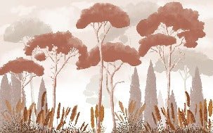 Papel pintado terracota de ciprés, pino y hierba de la pampa
