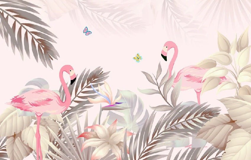 Papel pintado de Palmera y flamenco rosa