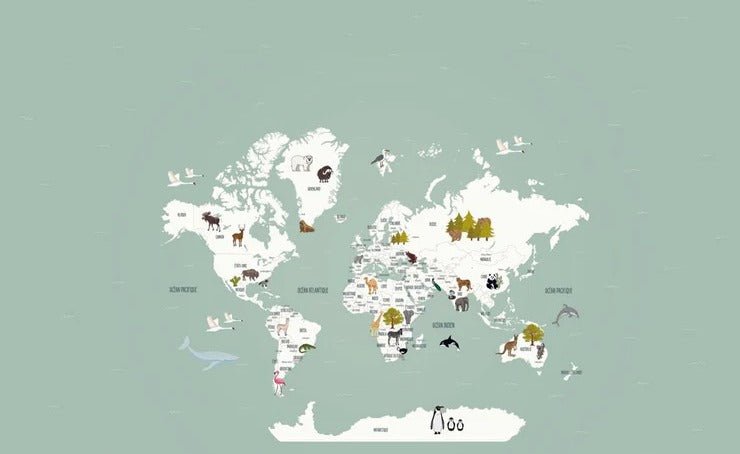 Papel pintado infantil mapamundi francés verde