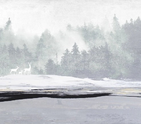 Papier peint forêt brumeuse et cerfs, XXL, tendance