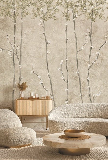 Papel pintado panorámico ramas japandi