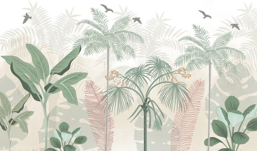 Papel pintado selva panorámica en tonos pastel