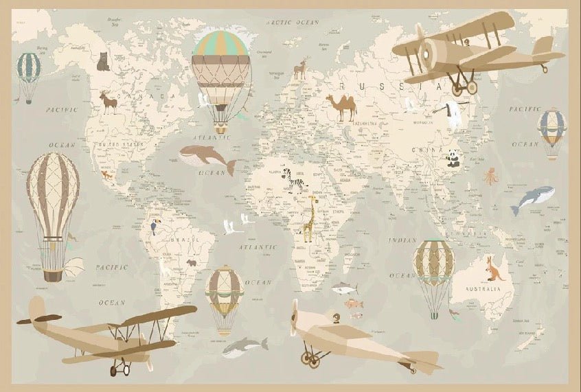 Papel pintado infantil mapa del mundo aviador