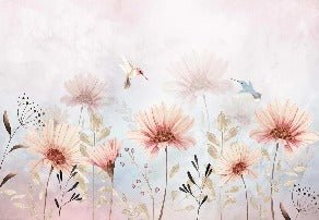 Papel pintado Flores bucólicas y colibríes