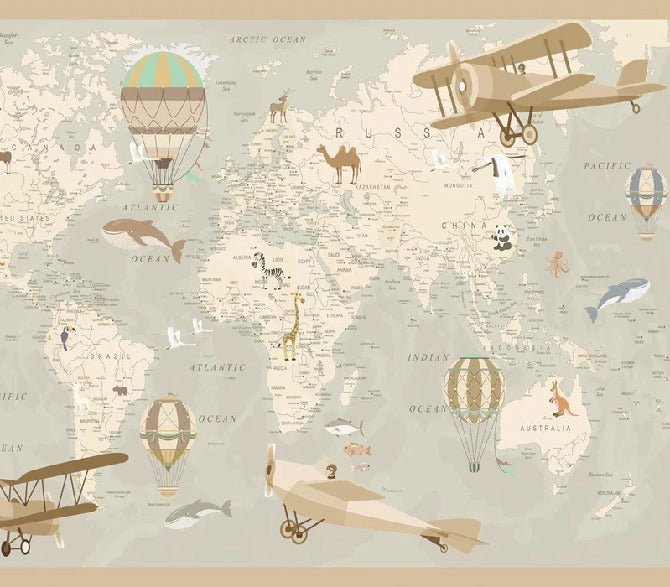 Papel pintado infantil mapa del mundo aviador