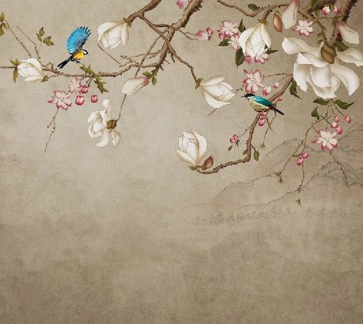Papel pintado romántico con pájaros