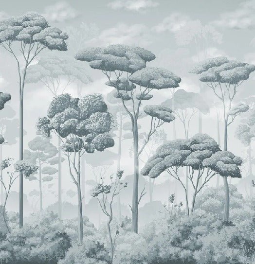 Papel pintado panorámico Bosque de pinos voluptuoso azul plateado