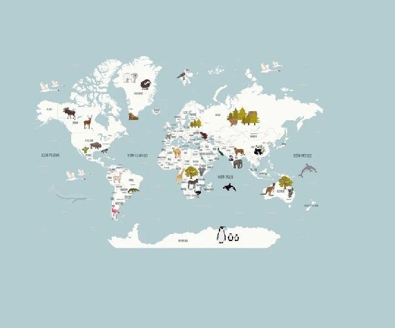Mapa infantil del mundo en papel pintado azul hielo francés