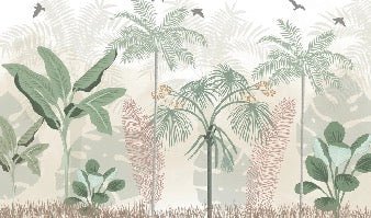 Papel pintado selva panorámica en tonos pastel