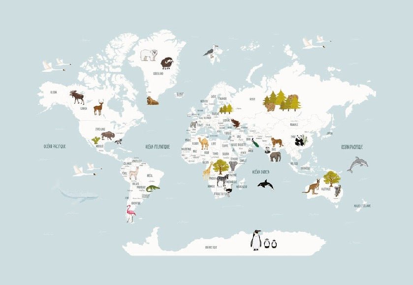 Mapa infantil del mundo en papel pintado azul hielo francés