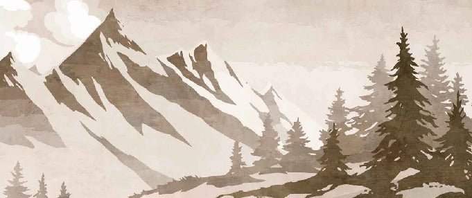 Papel pintado vintage de abetos y montañas en sepia