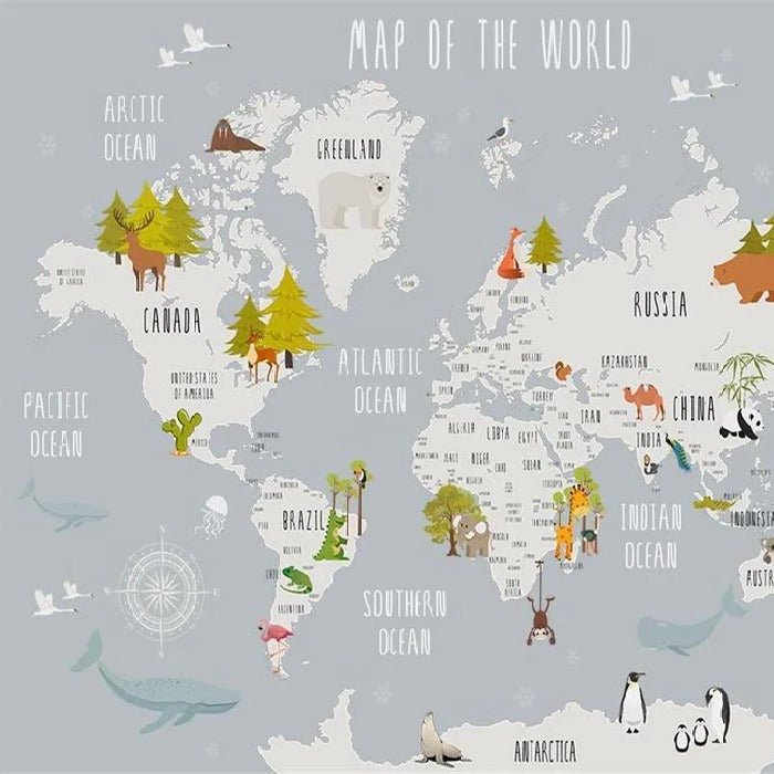 Papier peint chambre enfant map animaux gris clair
