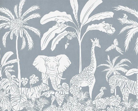 Papel pintado infantil safari monocromo azul