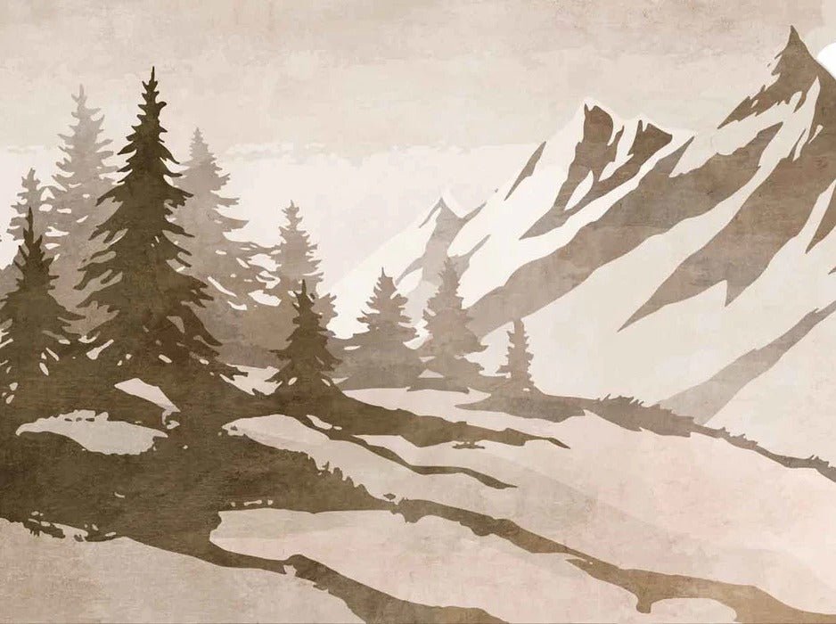 Papel pintado vintage de abetos y montañas en sepia