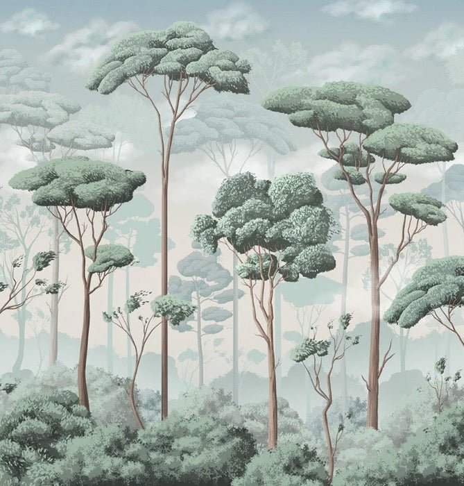 Papel pintado panorámico Voluptuoso bosque de pinos