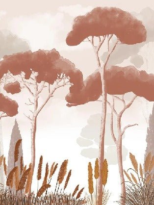 Papel pintado terracota de ciprés, pino y hierba de la pampa
