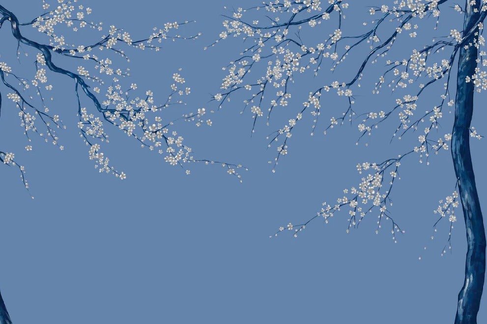 Papel pintado panorámico de flores azules de Sakura