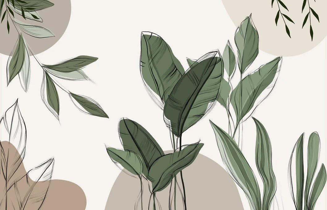 Papel pintado vegetal panorámico gráfico de color topo