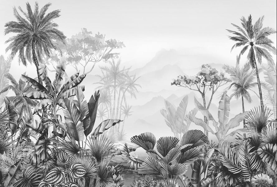Papel pintado tropical en blanco y negro para cuartos de baño