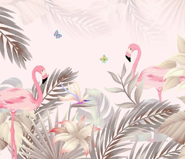 Papel pintado de Palmera y flamenco rosa