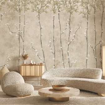 Papel pintado panorámico ramas japandi