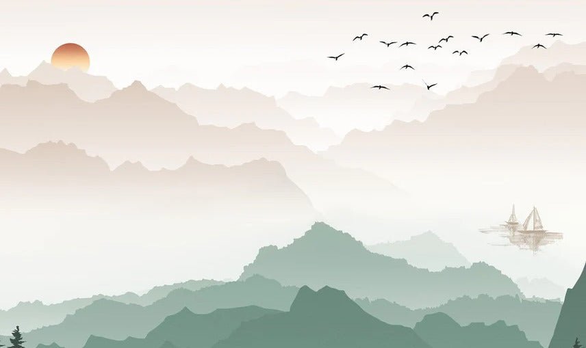 Papel pintado Montaña en la niebla terracota