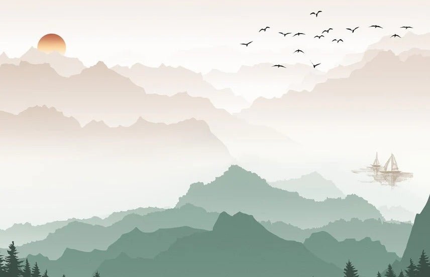 Papier peint montagne dans brume terracotta, XXL, tendance