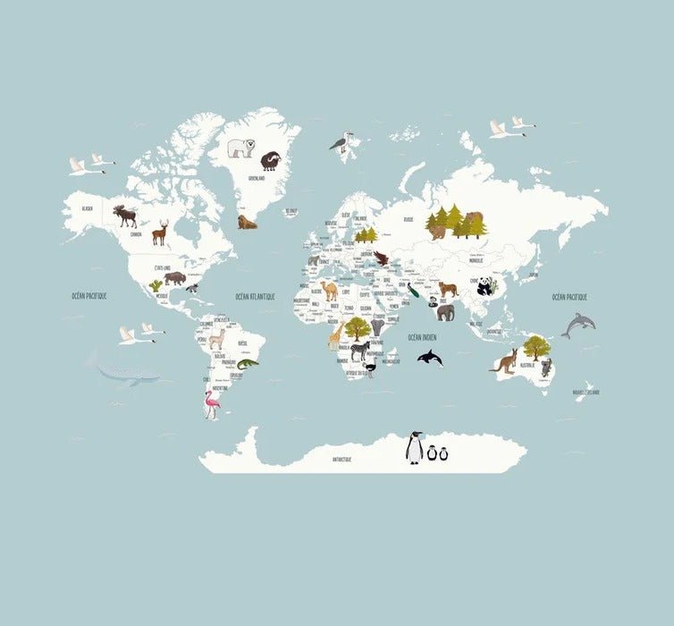 Mapa infantil del mundo en papel pintado azul hielo francés