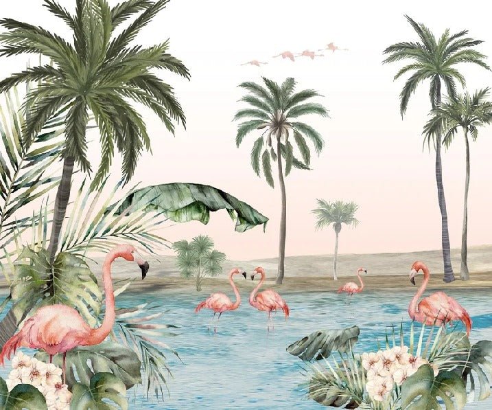 Papier peint oasis flamingo, mural concept, tendance