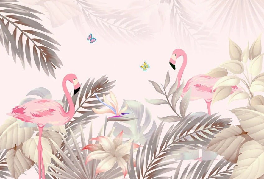 Papel pintado de Palmera y flamenco rosa