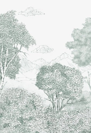 Papel pintado Panorámica de bosques verdes y montañas