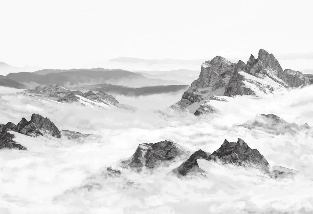 Papel pintado panorámico de montaña en blanco y negro