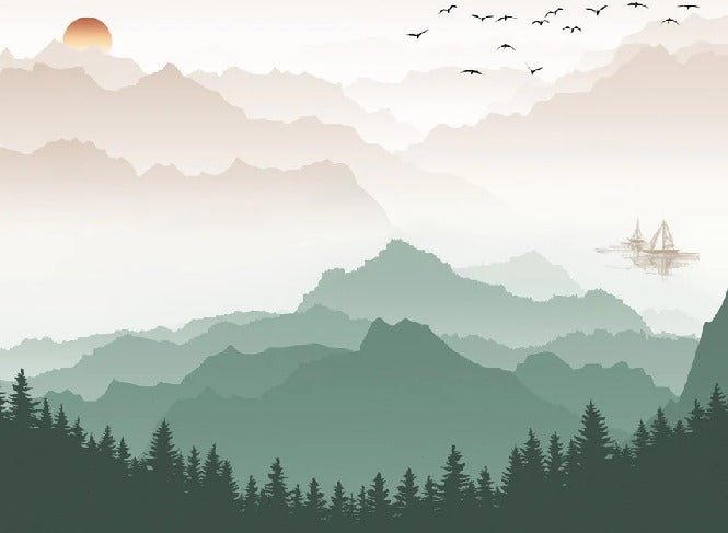 Papier peint montagne dans brume terracotta, XXL, tendance