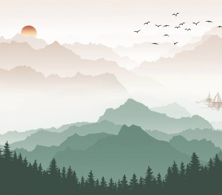 Papier peint montagne dans brume terracotta, XXL, tendance