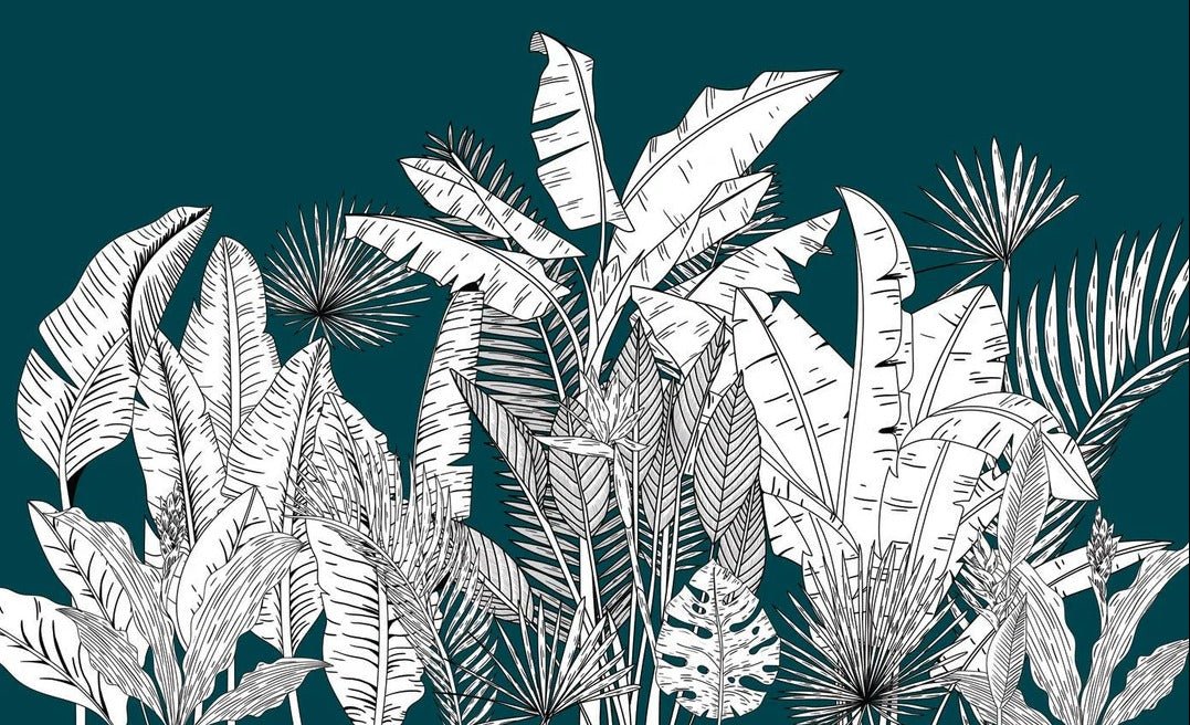 Papel pintado panorámico verde hoja botánica